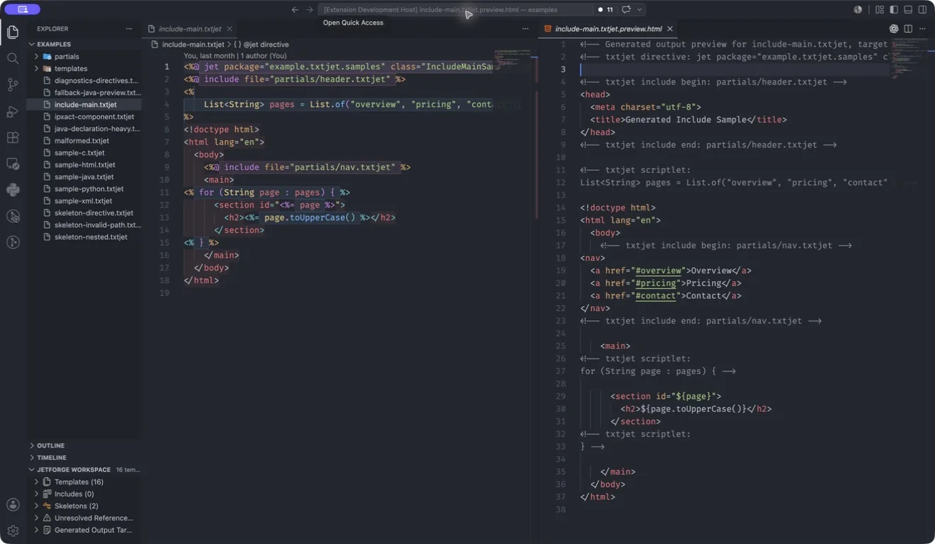 JetForge in Visual Studio Code showing a TxtJet template beside its local generated-output preview