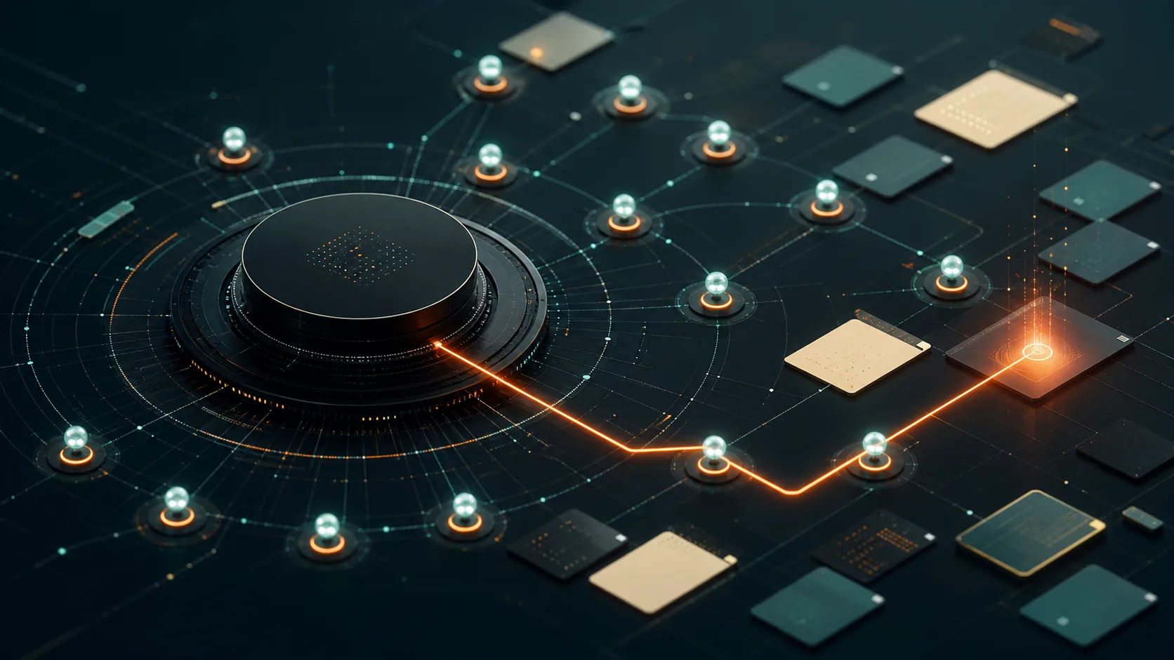 Abstract AetherCore thumbnail showing an agent swarm around a control core