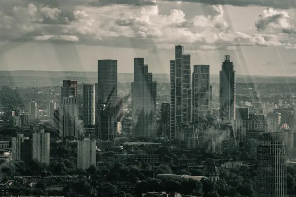 Dramatic London skyline under storm clouds